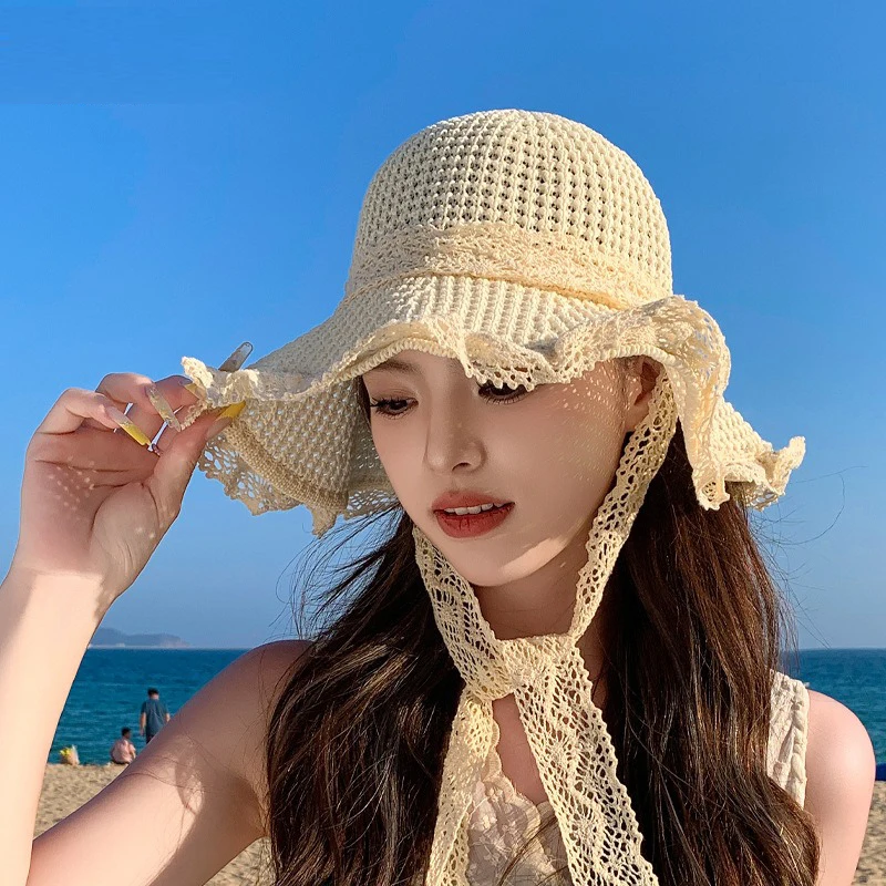 Topi Pelindung Musim Panas Wanita Topi Matahari Dapat Dilipat Topi Pantai Pinggiran Besar Lebar Topi Lolita Mode Topi Pelindung UV Pantai Chapeau Femme