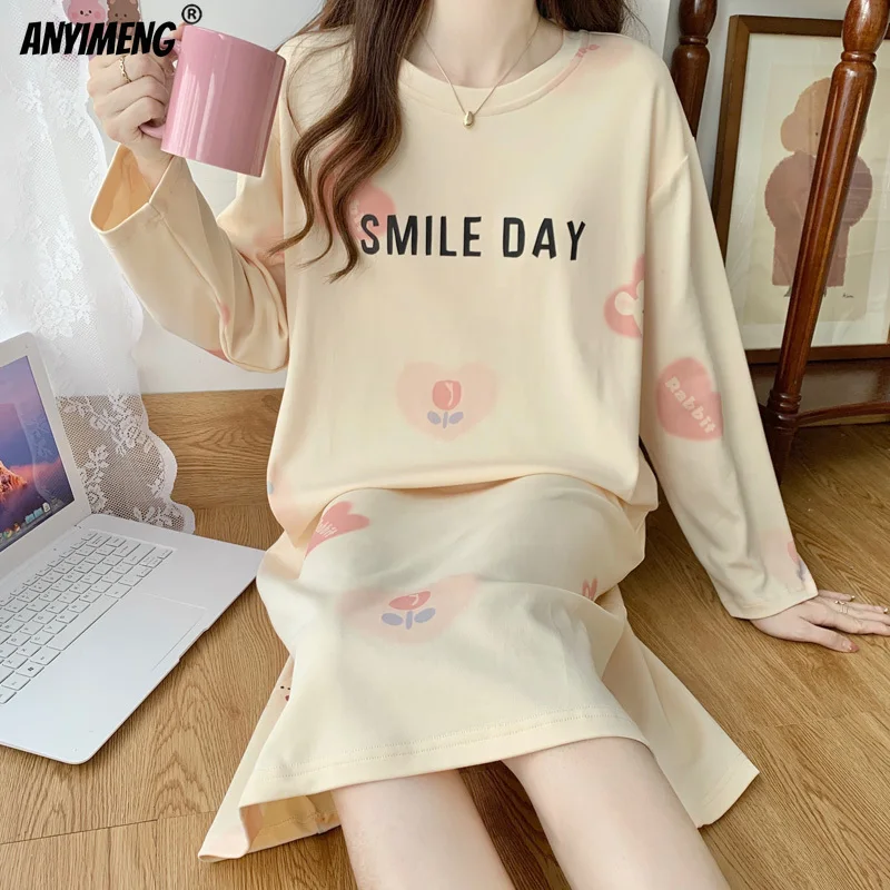 Women Nightgowns Autumn Spring New Long Sleeves Faux Cotton Sleepshirts O-neck Nightdress Casual Lady Long Gowns Milk Silk Dress