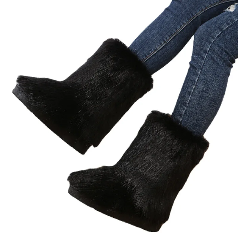 

Женские зимние пушистые сапоги до середины икры из искусственного меха, модные и теплые зимние сапоги, роскошная обувь для девочек, уличные меховые сапоги