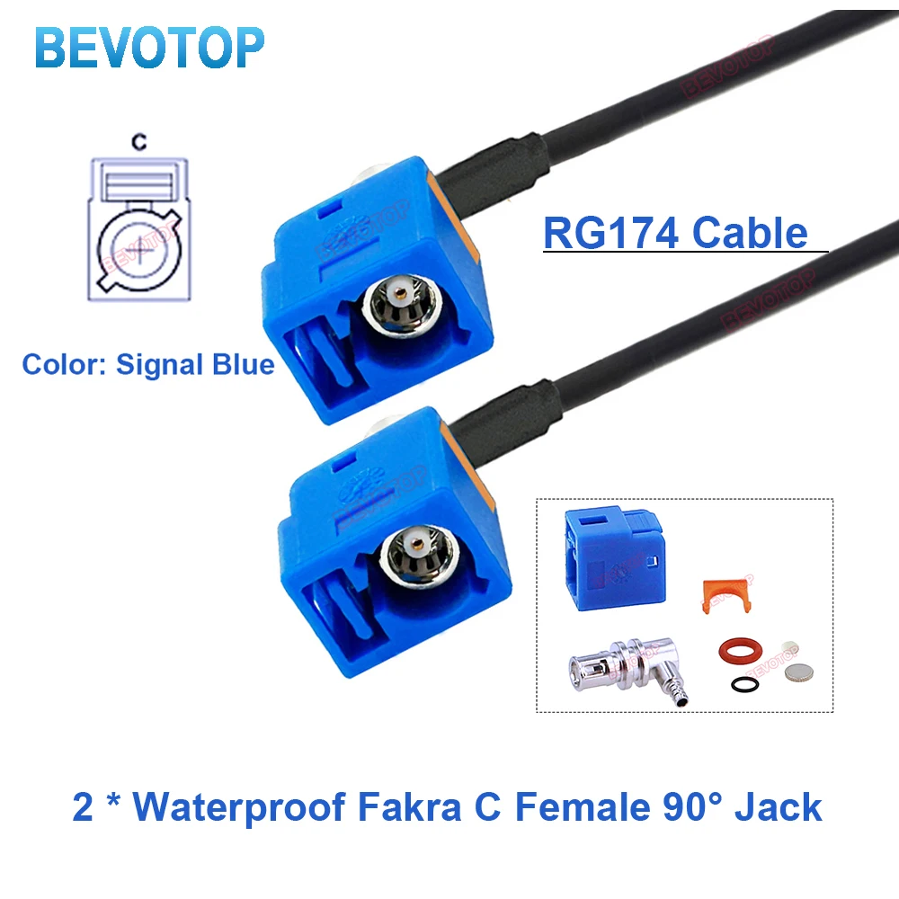 1PCS Conector Fakra C Fêmea 90° à Prova d'Água °   Conector Fakra C Fêmea 90 para WP °   Cabo Automotivo BEVOTOP com Conector Fakra Azul em Ângulo Reto RG174