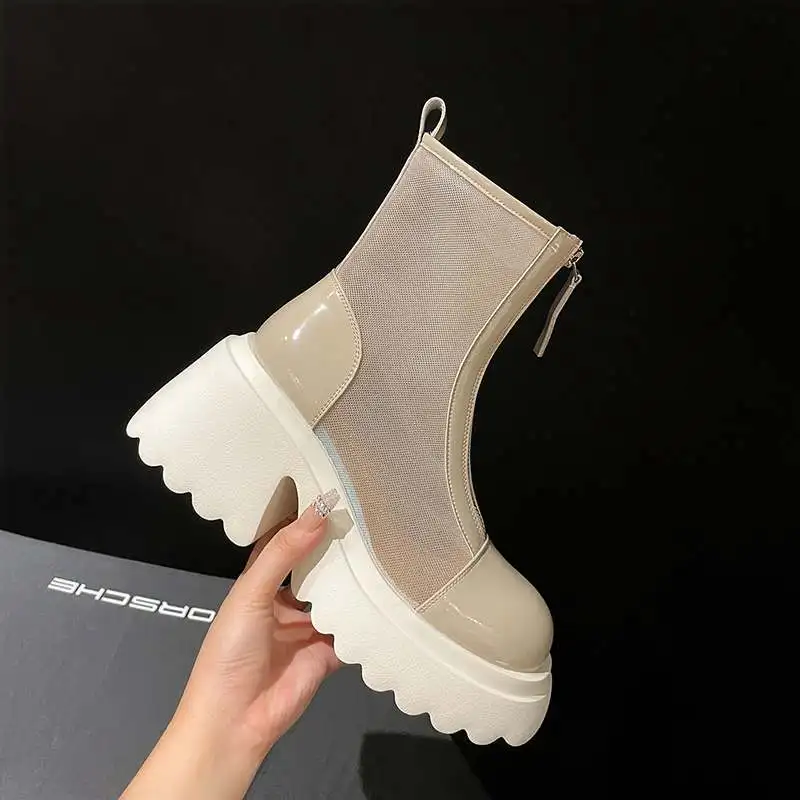 Krazing Pot Cow Leather Air Mesh Sun Protection Summer Boots Front Zipper Round Toe Thick High Heels Flat Platform Ankle Boots