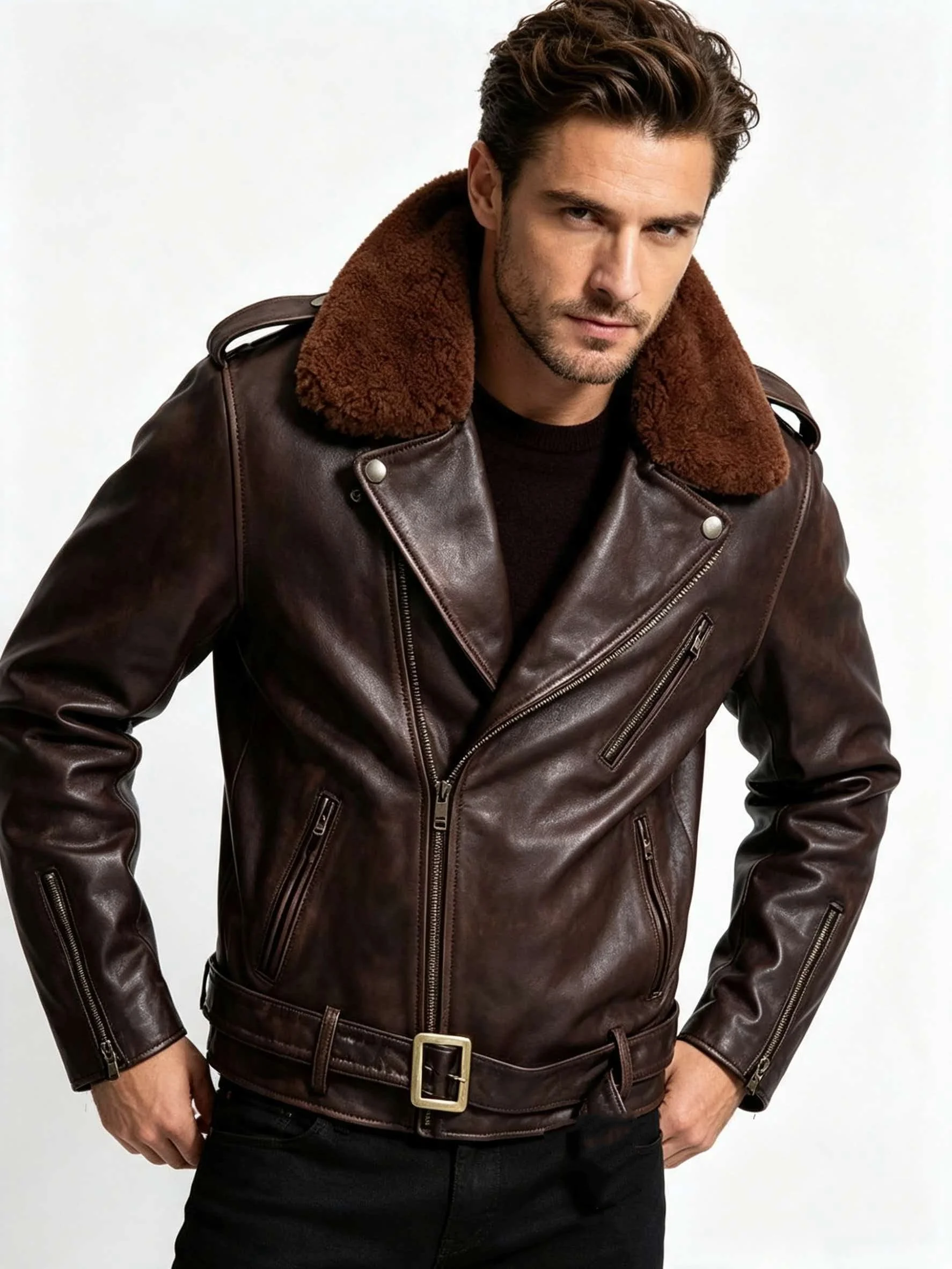 Red Brown Winter Leather Jacket Men Retro Style Plus Size 5XL Genuine Natural Cowhide Turn-Down Collar Motorcycle Sports Coat