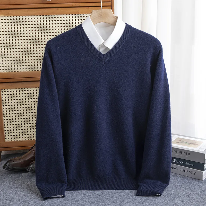 Classic Seamless 100% Pure Wool Pullover Men Basic Knitwear Sweater V-Neck Long Sleeve Business Soft Warm Thick Clothing Tops