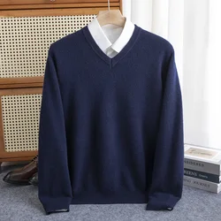 Classic Seamless 100% Pure Wool Pullover Men Basic Knitwear Sweater V-Neck Long Sleeve Business Soft Warm Thick Clothing Tops