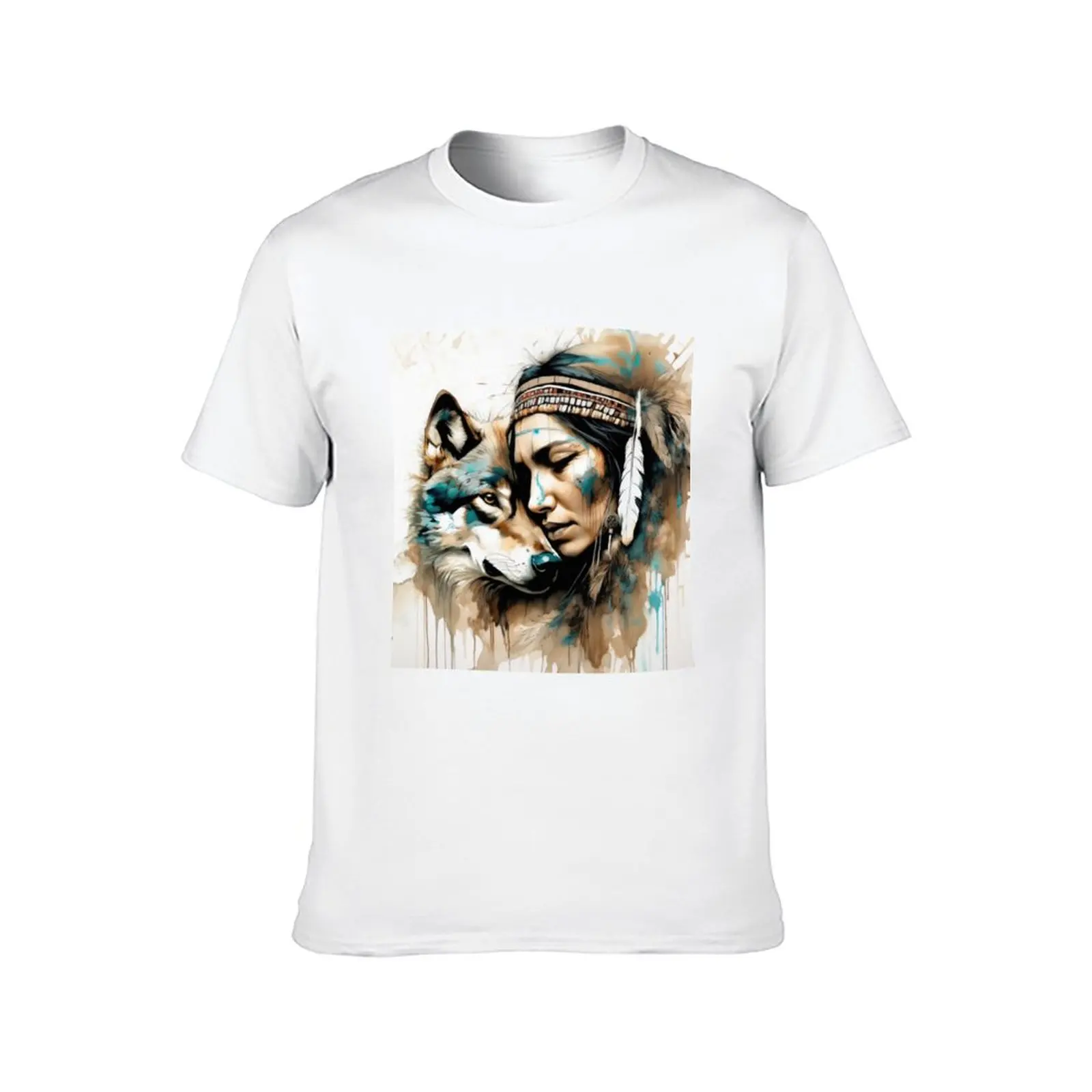 Native American Woman and Wolf Portrait T-Shirt funny t shirts cotton anime tshirt T-Shirt