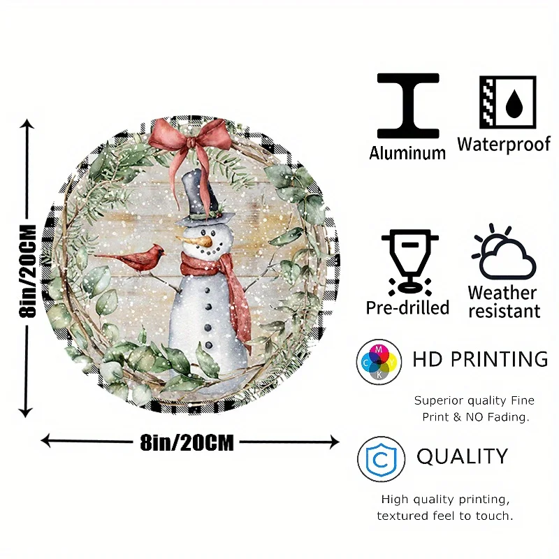 2D 1pc 8x8inch Aluminum Metal Sign Snowman with Cardinal Wreath Sign, Metal Wreath Sign, Winter Wreath Sign, Round Wreath Sign