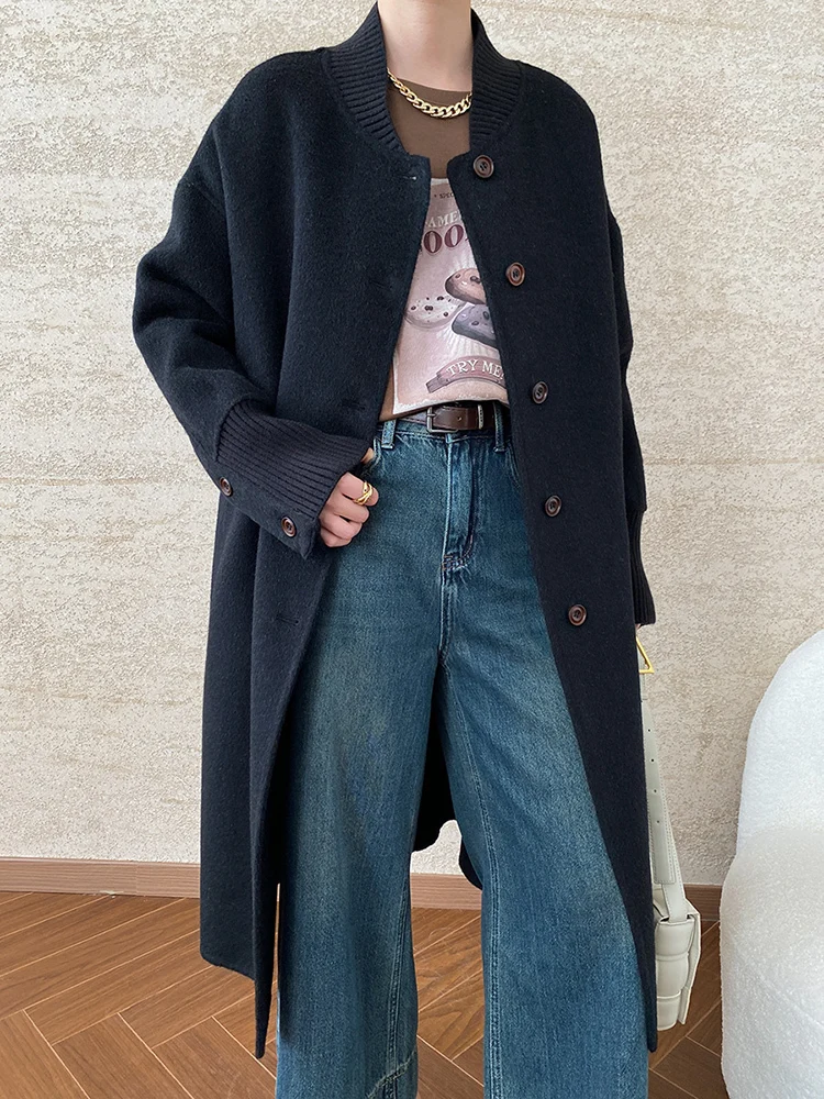 [EAM] Camel 68.5% Wool Big Size  Woolen Coat New Stand Collar Long Sleeve Women Jacket Fashion Tide Autumn Winter 2024 1DH7554