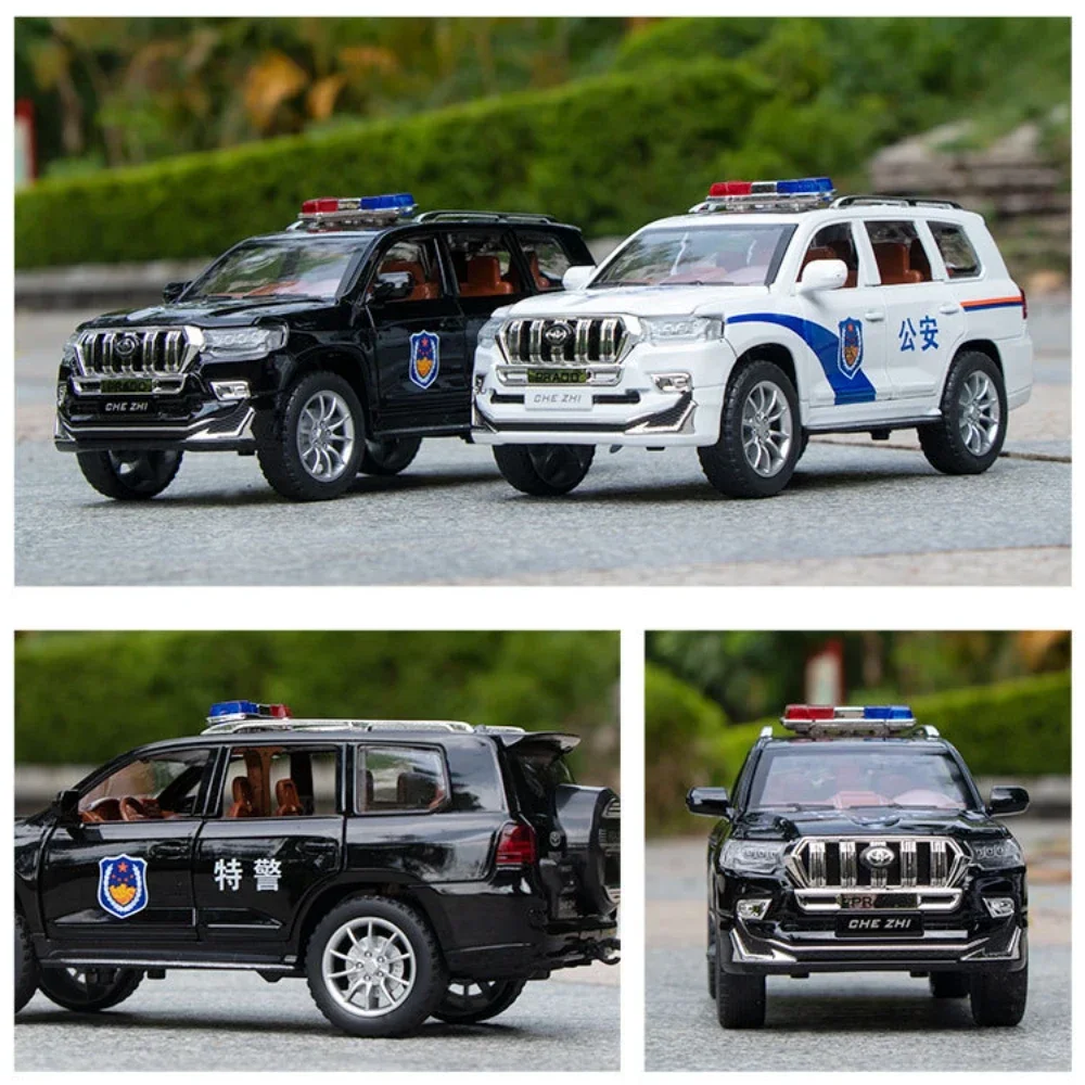 Coche de policía Prado 1:24, modelo de aleación de alta simulación, luz de sonido, juguetes para niños, regalos, modelo de coche de aleación fundido a presión coleccionable