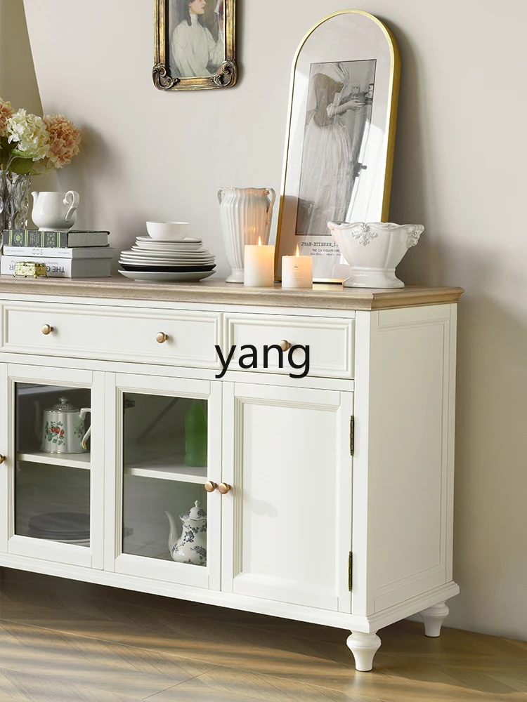 Yjq White Solid Wood Sideboard Four-Door Living Room Tea Cabinet Home Wall Storage