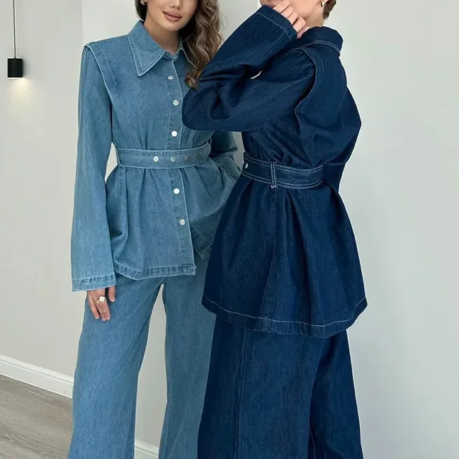 

Casual Chic Denim Set Lapel Long Sleeve Tops Coat Loose Wide Leg Pants Stylish Sophisticated Timeless 2025 Fall Outfit For Women