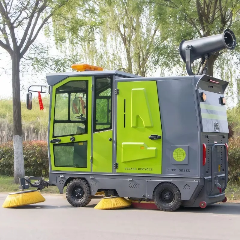Custom rear access cabinet ride‑on electric floor sweeper fog mist cannon anti collision wheel for suburb road industrial park