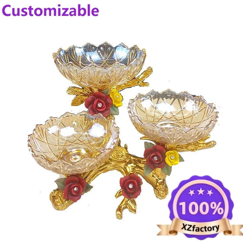 Factory Direct 2026 European crystal glass double-layer multi-grid fruit plate, high-end household living room coffee table crea
