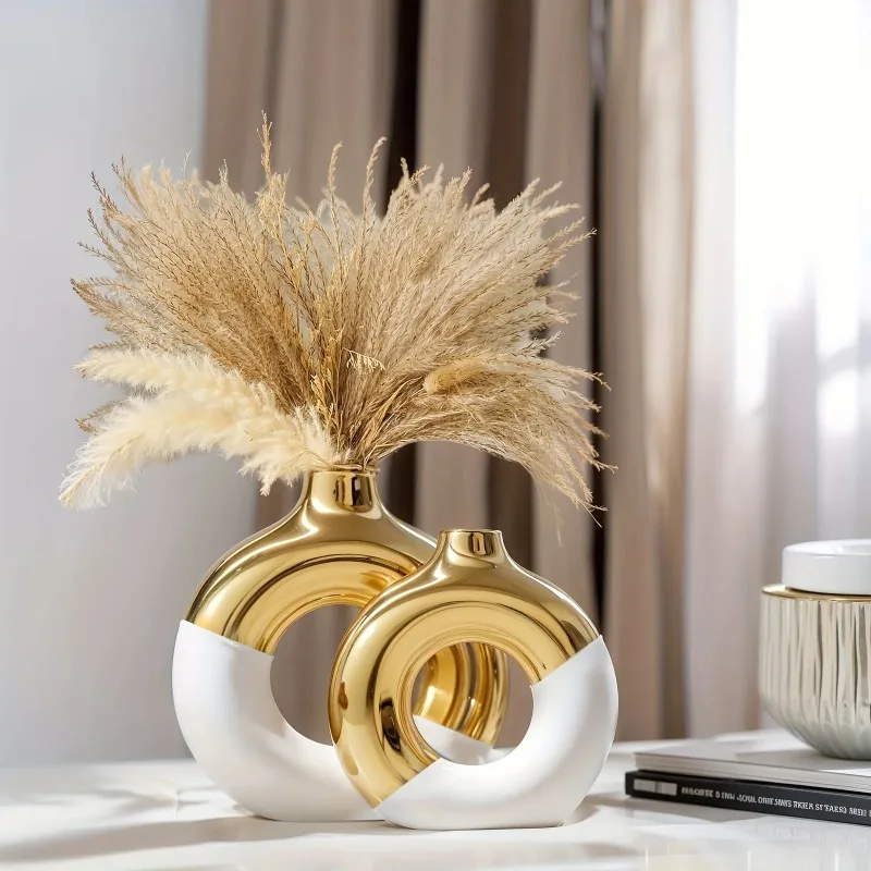 2-Piece  Ceramic Vase Set - White & Gold Round Bud Vases, Elegant Home Decor for Centerpieces, Living Room & Kitchen