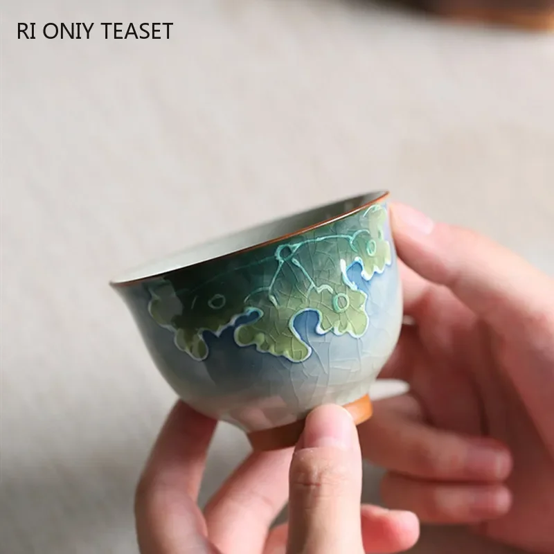 1 Pc Chinese Tradition Ceramic Tea Cup Handmade Ice-cracking Glaze Lotus Pattern Tea Bowl Teacup Household Teaware Master Cup