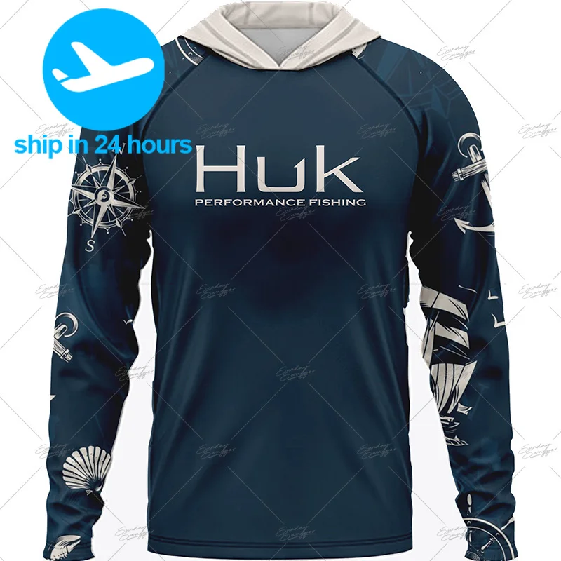 

Summer HUK Hooded Fishing Shirts Outdoor Sun Protection Fishing Clothing Men UPF 50+ Performance Long Sleeve T-shirts