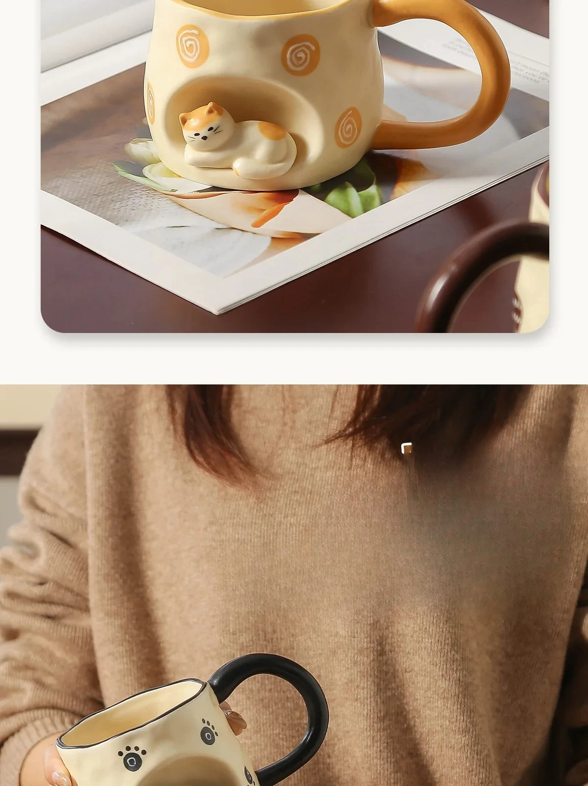 3D Three-dimensional Cat Ceramic Mug, Ins-style High-looking Afternoon Tea Cup for Girls, 350ml Household Children's Milk Cup