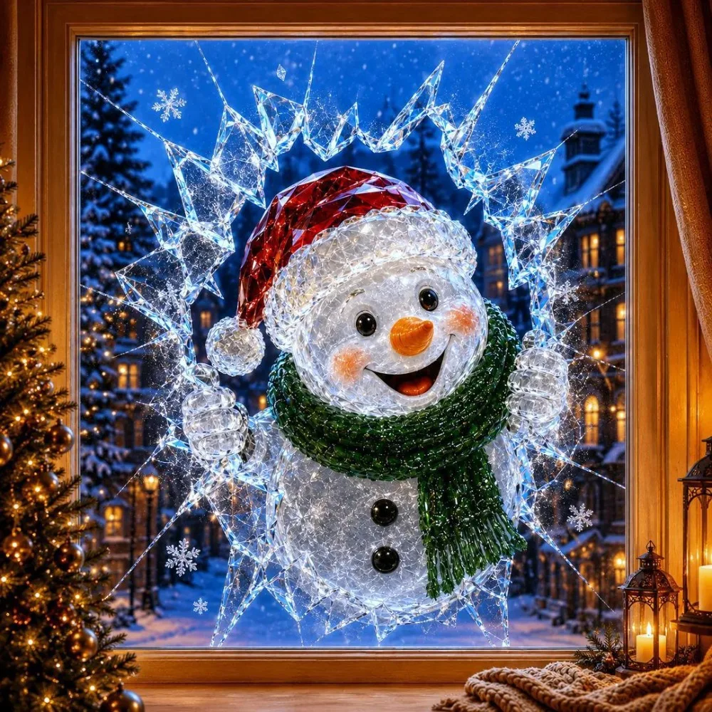 Cartoon Crystal Break-In Christmas Decal PVC Broken-Ice Effect Santa Claus Window Sticker Static Cling Reindeer Puppy