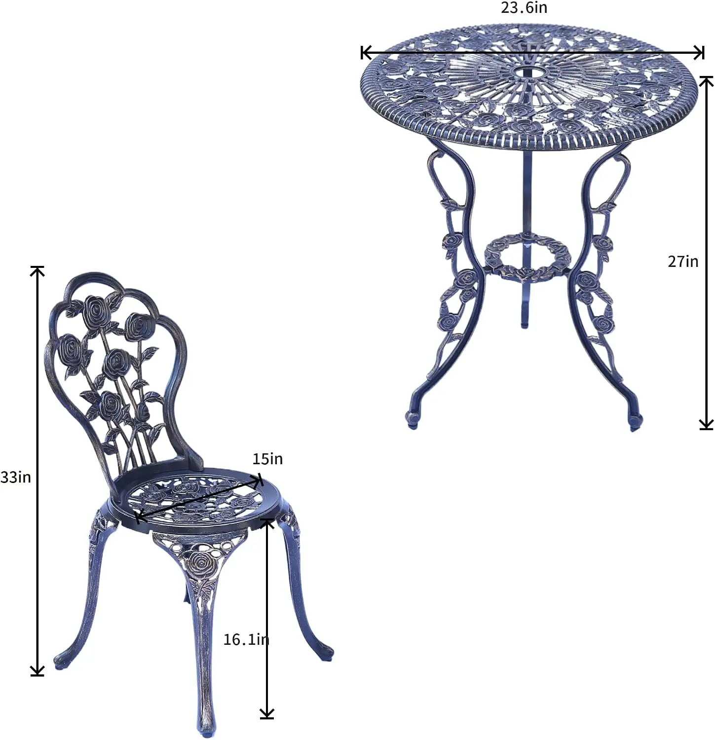 Rose-Bronzed 3-Piece Outdoor Bistro Set with Rose Pattern, 1 Table & 2 Chairs, Decorative Patio Furniture for Garden Patio Porch