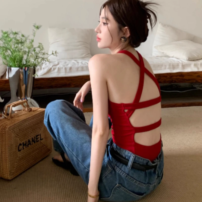 Backless Criss-cross Bandage Women Sexy Camisole Fashion Crop Top Slim Summer Solid Spicy Hotsweet Clubwear Design Korean Style