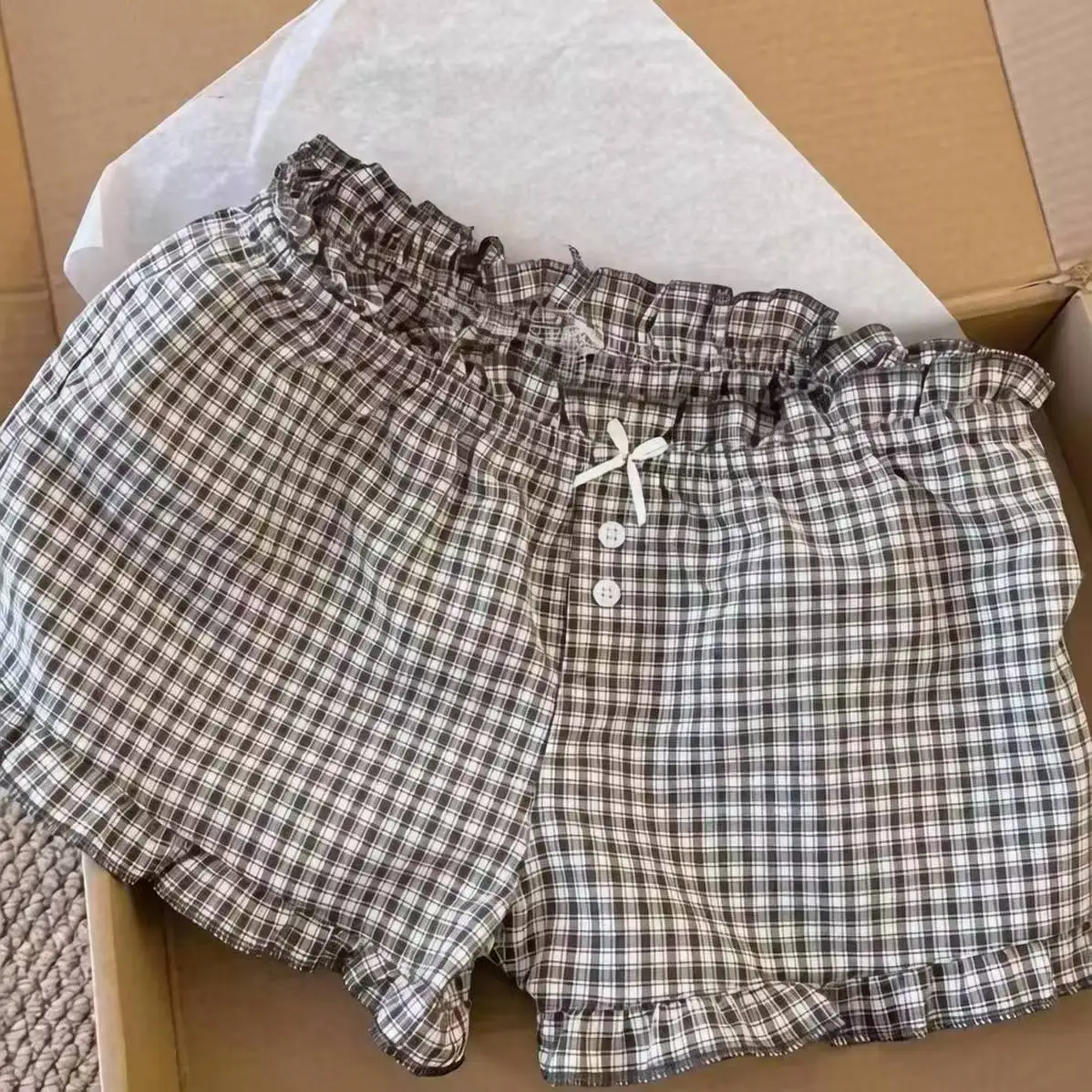 American Vintage Plaid Ruffled Sleepwear Shorts Women All-match Casual Comfortable Home Shorts Outside Wear Korean Fashion