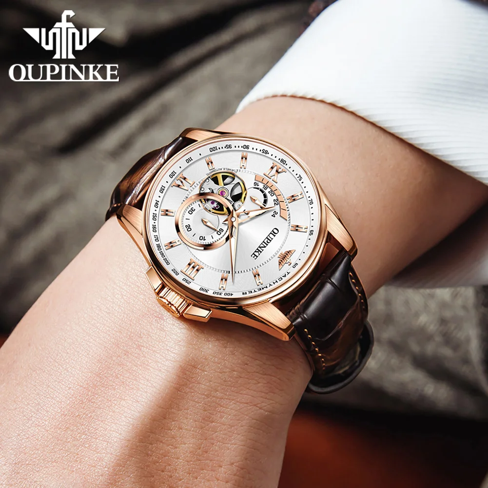 OUPINKE 3222 Top Skeleton Men\'s Watches Luxury Leather Strap Waterproof Japan Automatic Movement Mechanical Wrist Watch for Men
