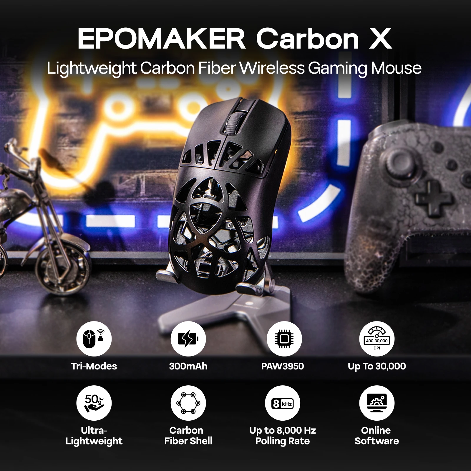 EPOMAKER Carbon X игровая мышь проводная/2,4G/BT беспроводная сверхлегкая мышь из углеродного волокна с датчиком PAW3950 300 мАч