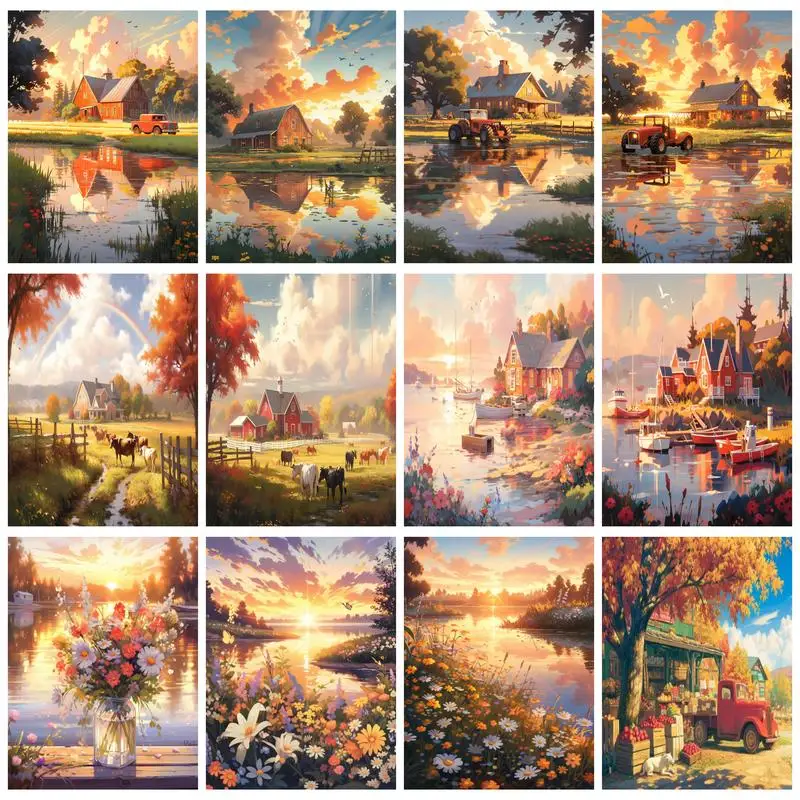 PhotoCustom Landscape Painting By Numbers For Adults Kits The Setting Sun Acrylic Paint On Canvas On Numbers For Home Decors Art