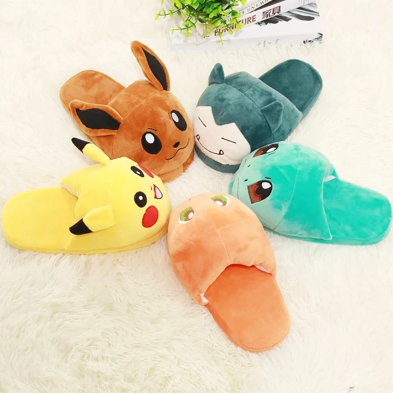 Cartoon Anime Snorlax Charmander Squirtle Pet Elf Girls Floor Plush Slippers 35-38 Size Pokemon Pikachu Eevee Couple Plush Shoes