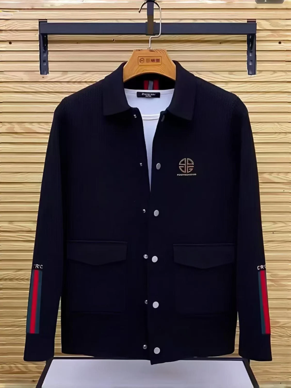 

Slim Fit Men's Jacket Fashionable Collared Diamond Studded Autumn Winter Outerwear Urban Style Long Sleeve Striped Pattern
