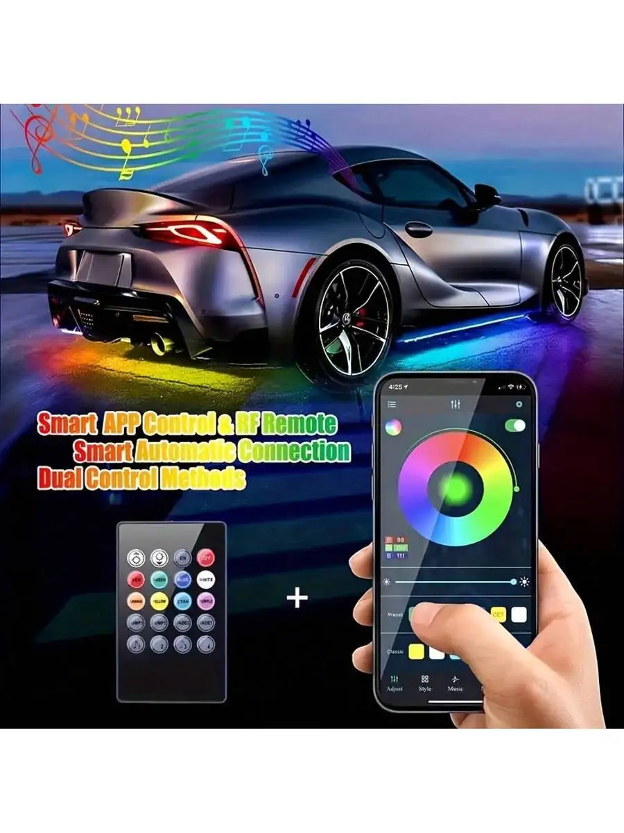 [12V Body Atmosphere Lights Cars] 4 Car Neon Bars, Music Mode, With Wireless Remote Control, Application Control, Multiple