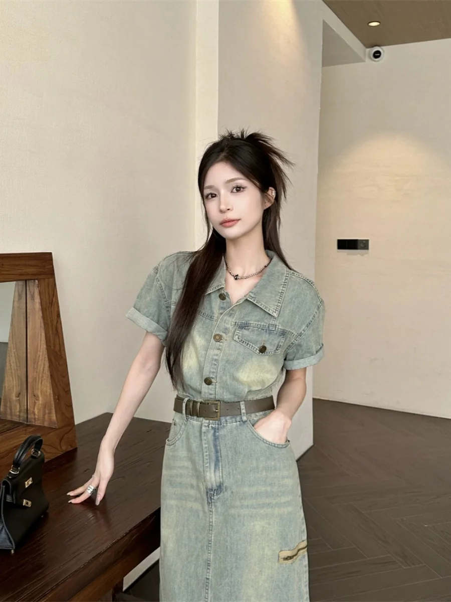 plus Size Vintage American Sle Denim Dr Women's Summer New Waist Cinching ort Sve Turn-down Collar Midi Skirt