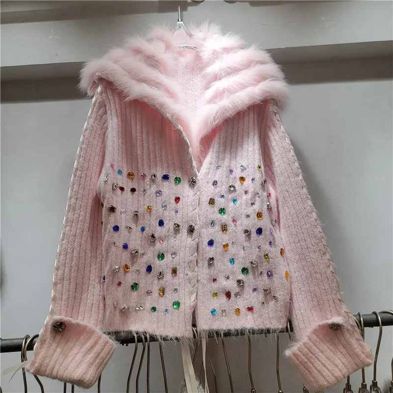 

Chic Rainbow Diamonds Beads Sweater Coat Sailor Collar Rhinestones Knit Cardigan Striped Faux Fur Turn Down Collar Knitwear Tops