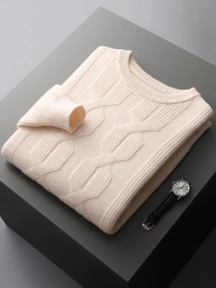 Trend Autumn Winter Men's Sweater Pullover 100% Merino Wool Knitted Smart Casual Inside Join O-Neck Twist Flower Retro Clothing