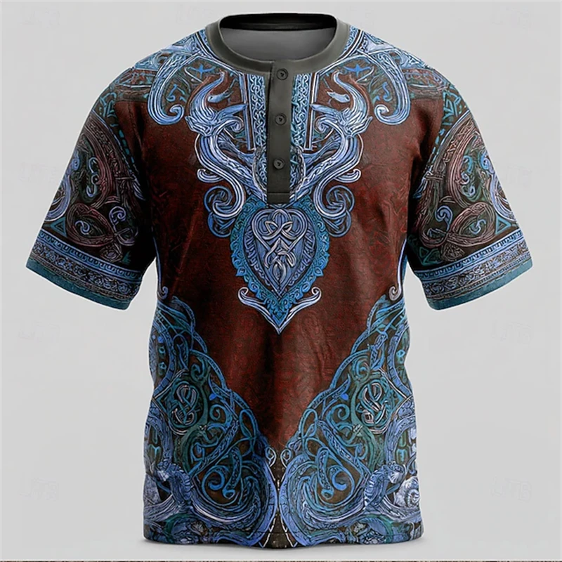 New Men's Ethnic-Patterned T-Shirt Summer Fashion Short-Sleeve Totem-Print T-Shirt Men's Casual Loose-Fit Button-Down T-Shirt