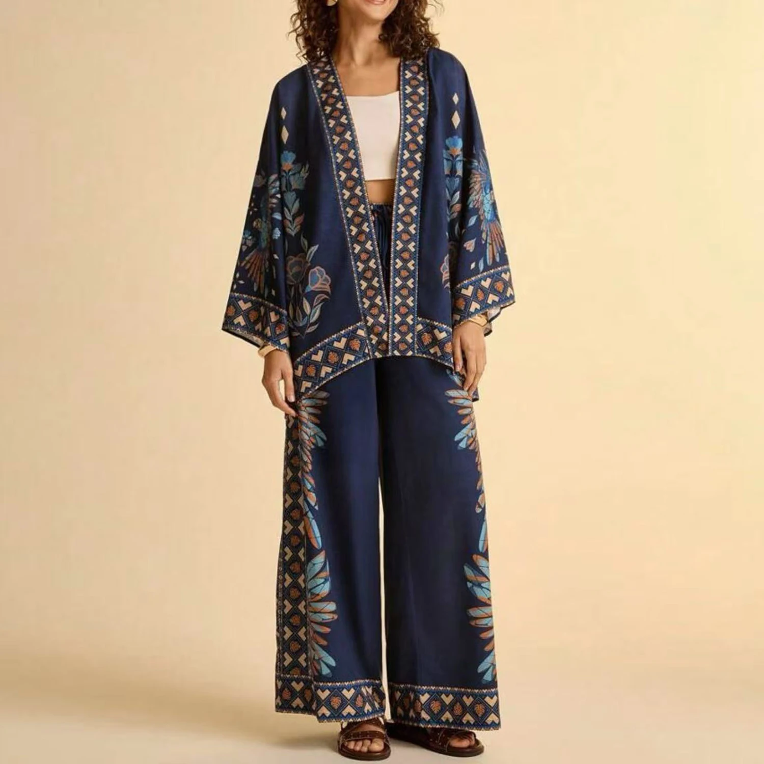 Women Cardigan Floral Print Fashion Casual Holiday Spring Summer Pant Suit