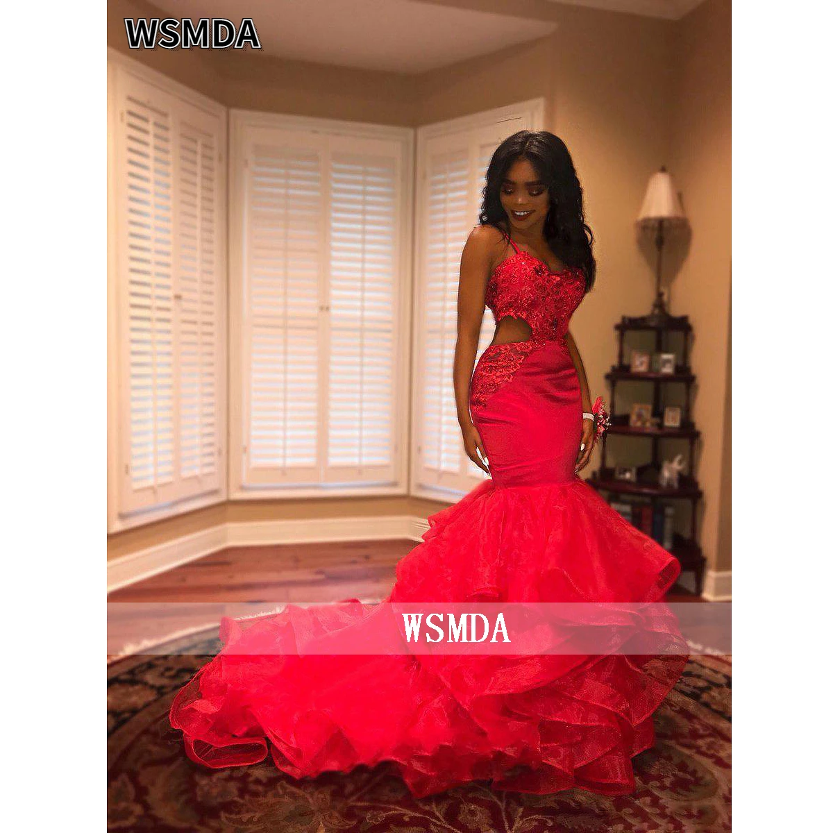 Sexy 2 Sides Show Waist Red Prom Dress Lace Beads Ruffled Mermaid Evening Party Gown for Black Girls