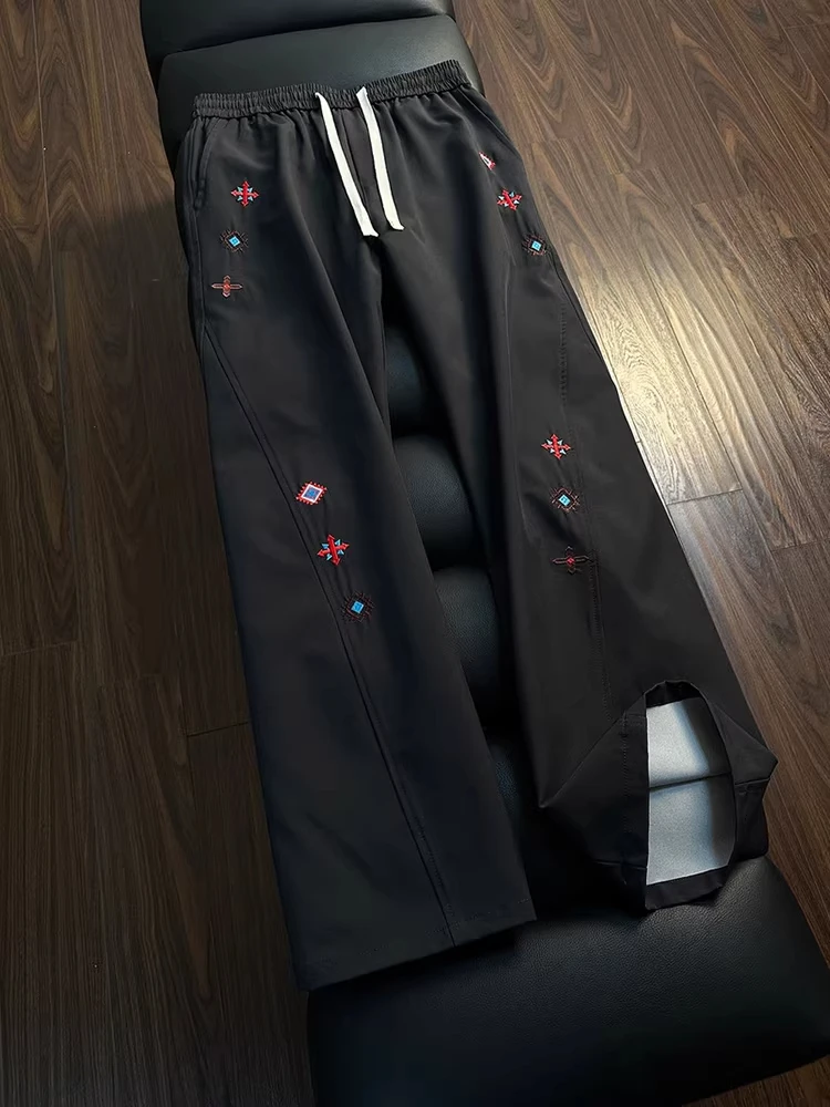 

Black Cross Embroidery Ice Silk Casual Pants Men's Summer Thin Straight Tube Sun Protection Cool Feeling Leisure Long Trousers