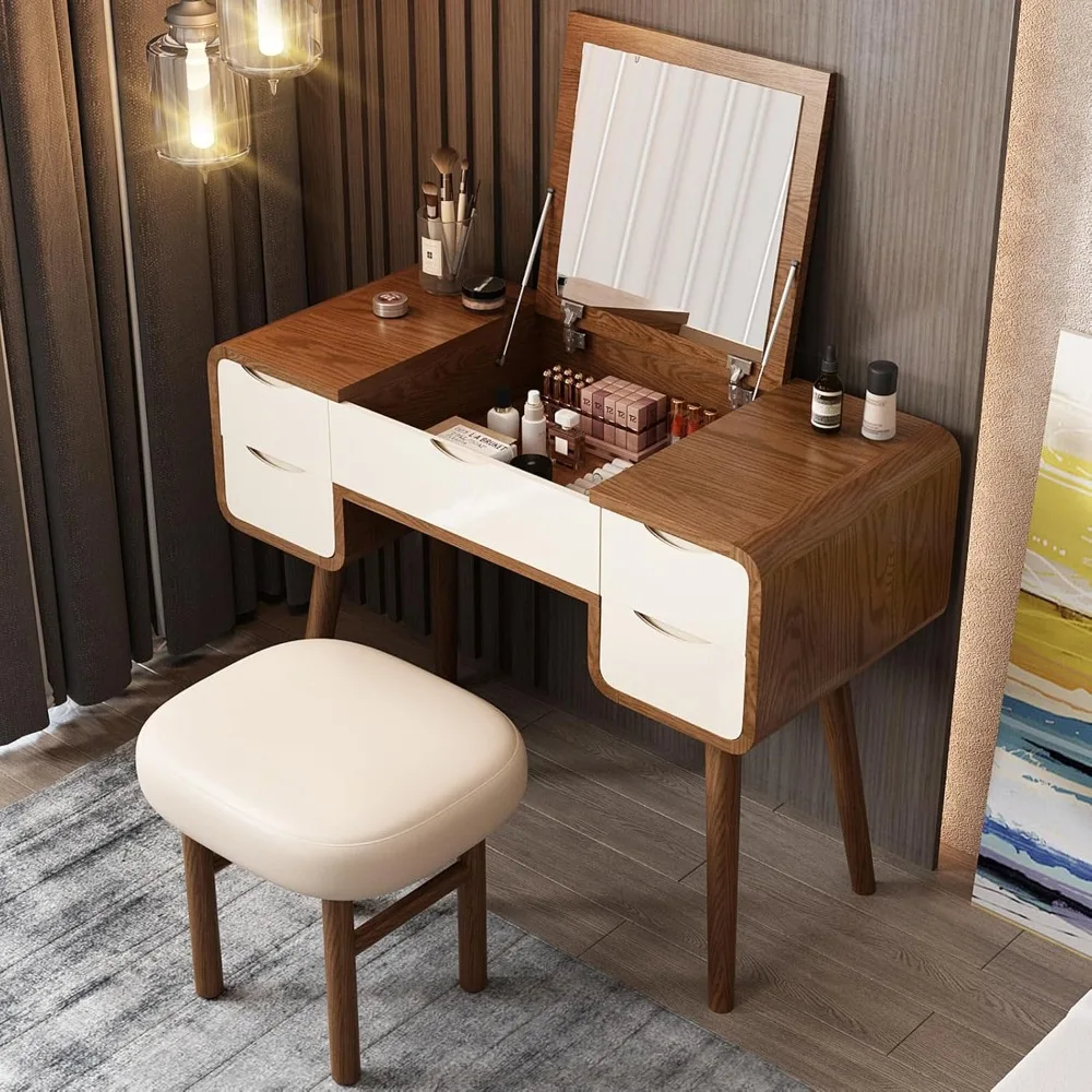 

Stylish Makeup Vanity with Stool, Vanity with Stool, Makeup Table, Reversible Makeup Mirror, Hidden Storage Compartment