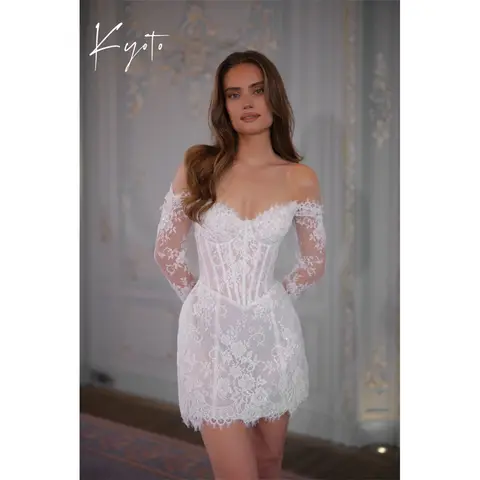 Kyoto Customized Ivory Exquisite Lace Aplliques Wedding Dress Lace-Up Long Sleeve فستان زفاف Mini Sheath After Party