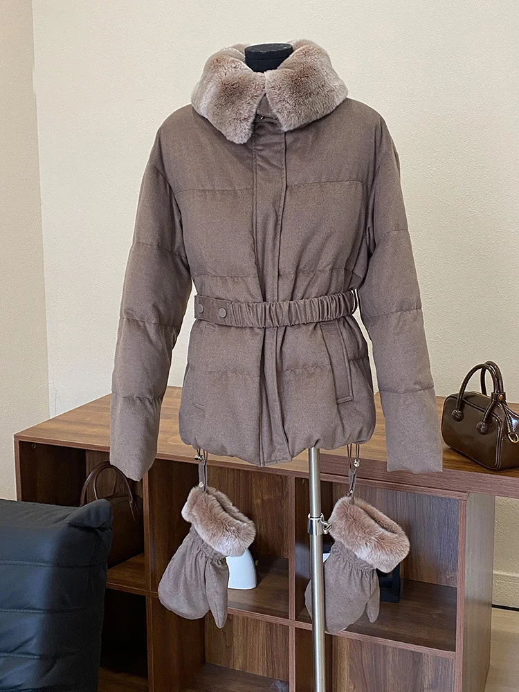 レディース冬用暖かいグースダウンパファージャケット、カシミヤウールジャケット、本物のレックスラビットファーコート、厚手の女性用アウターコート（ミトン付き）