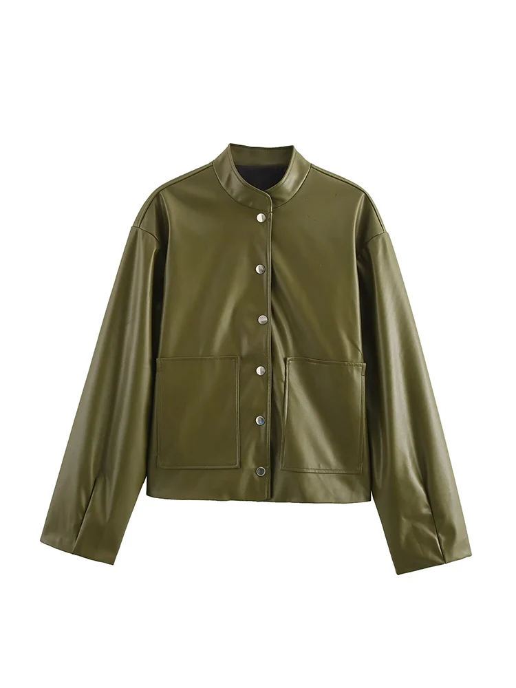

European style new women's fashion versatile temperament pocket imitation leather pilot long sleeve jacket