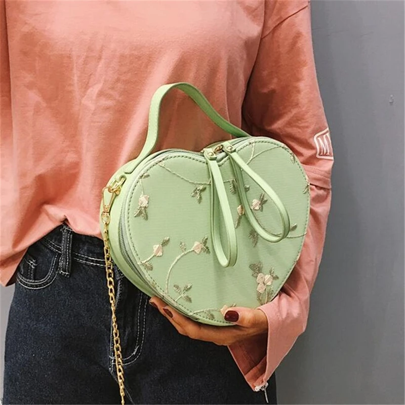 Female Sweet Lace Heart Round Handbags High Quality PU Leather Cross Body Bags for Women Small Fresh Flower Chain Shoulder Bags