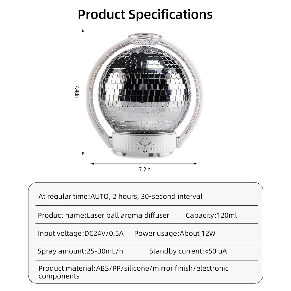 Humidificador de aromaterapia con luz LED 360 °   Bola láser de rotación Atmósfera romántica Silencioso, relajante, incluye 3 aceites esenciales