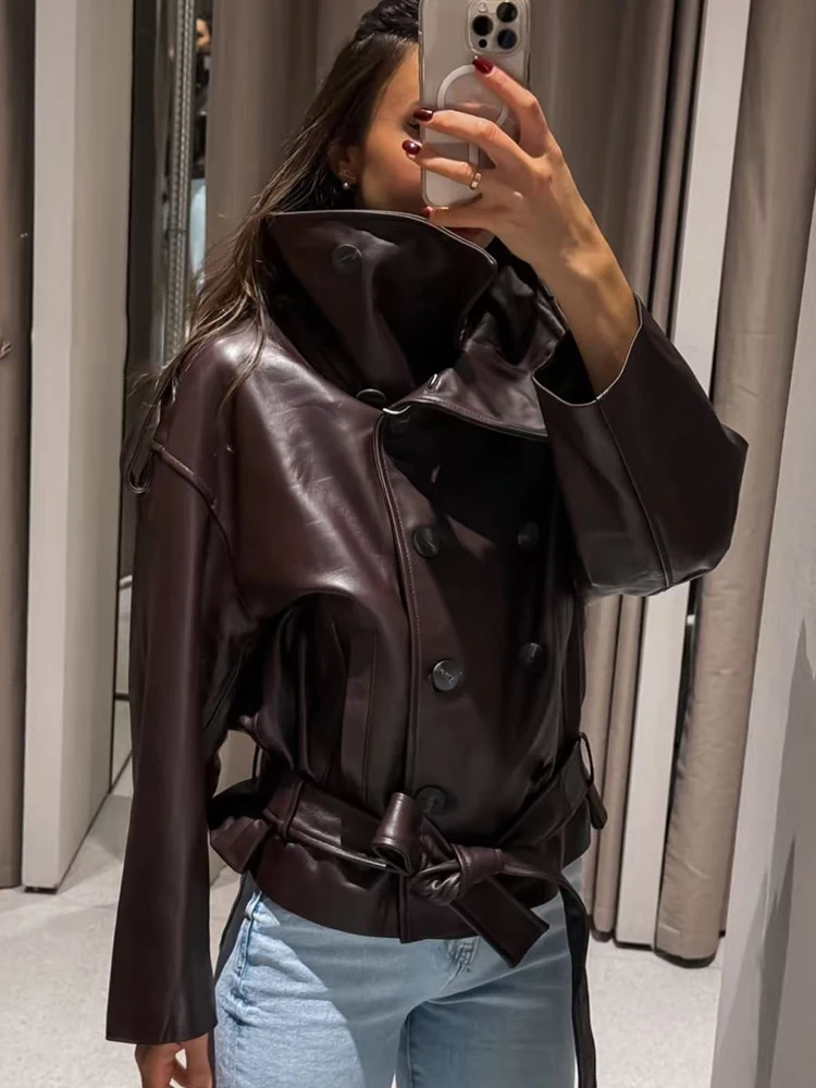Women's Lace Up Leather Jackets With Belt Stand Collar Full Sleeve Female Double Breasted Coats 2026 Autumn Lady Chic Outwear