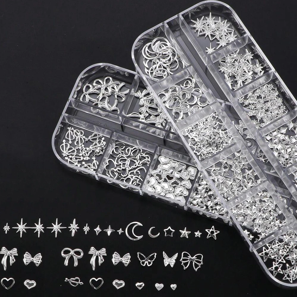 12grid Y2k Metal Silver Moon Stars Nail Rivets Studs 3D Metal Starlight Nails Design Rhinestones FlatBack Manicure Decoration E2
