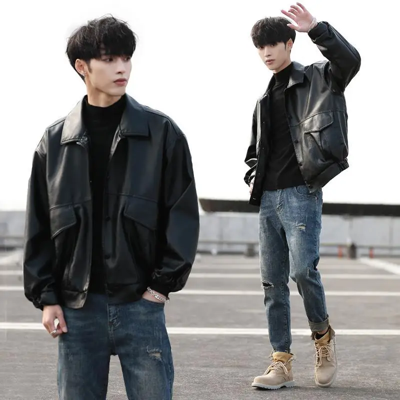 

Korean Version Loose Leather Jacket For Men Motorcycle Wear Handsome Pilot Leather Jacket Spring And Autumn Student Black Jacket