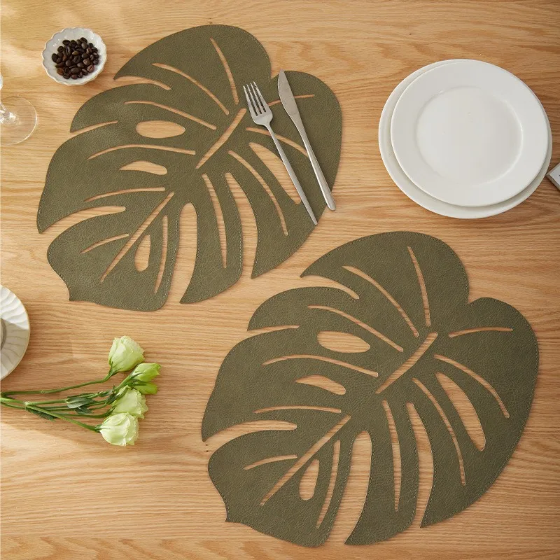 4Pcs Monstera Shaped PU Leather Placemat, Hollow Leaf Design Wipeable Table Place Mats, Home Hotel Wedding Table Deco