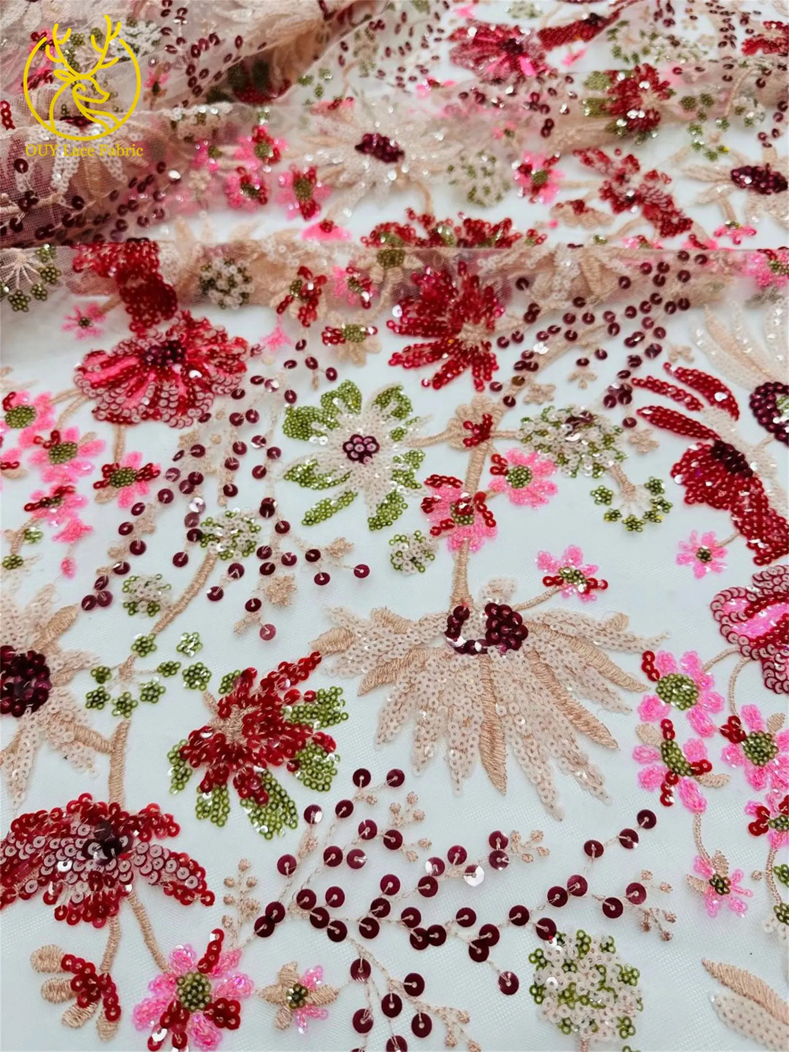 5 Yards des neuesten afrikanischen Pailletten bestickten Spitzenstoffs, hochwertiger französischer nigerianischer Mesh-Tüll-Spitzenstoff, Partykleid – Detail 10
