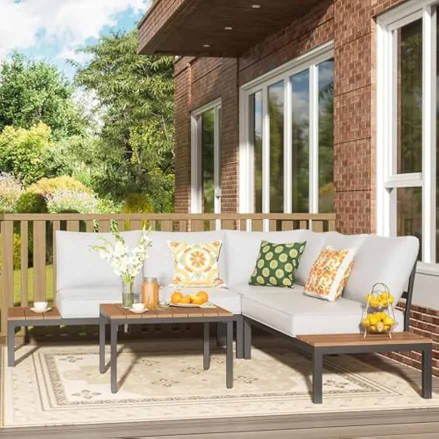 

Металлический уличный секционный L-образный угловой диван, уличный диван со съемной спинкой, серые толстые подушки Olefin для двора