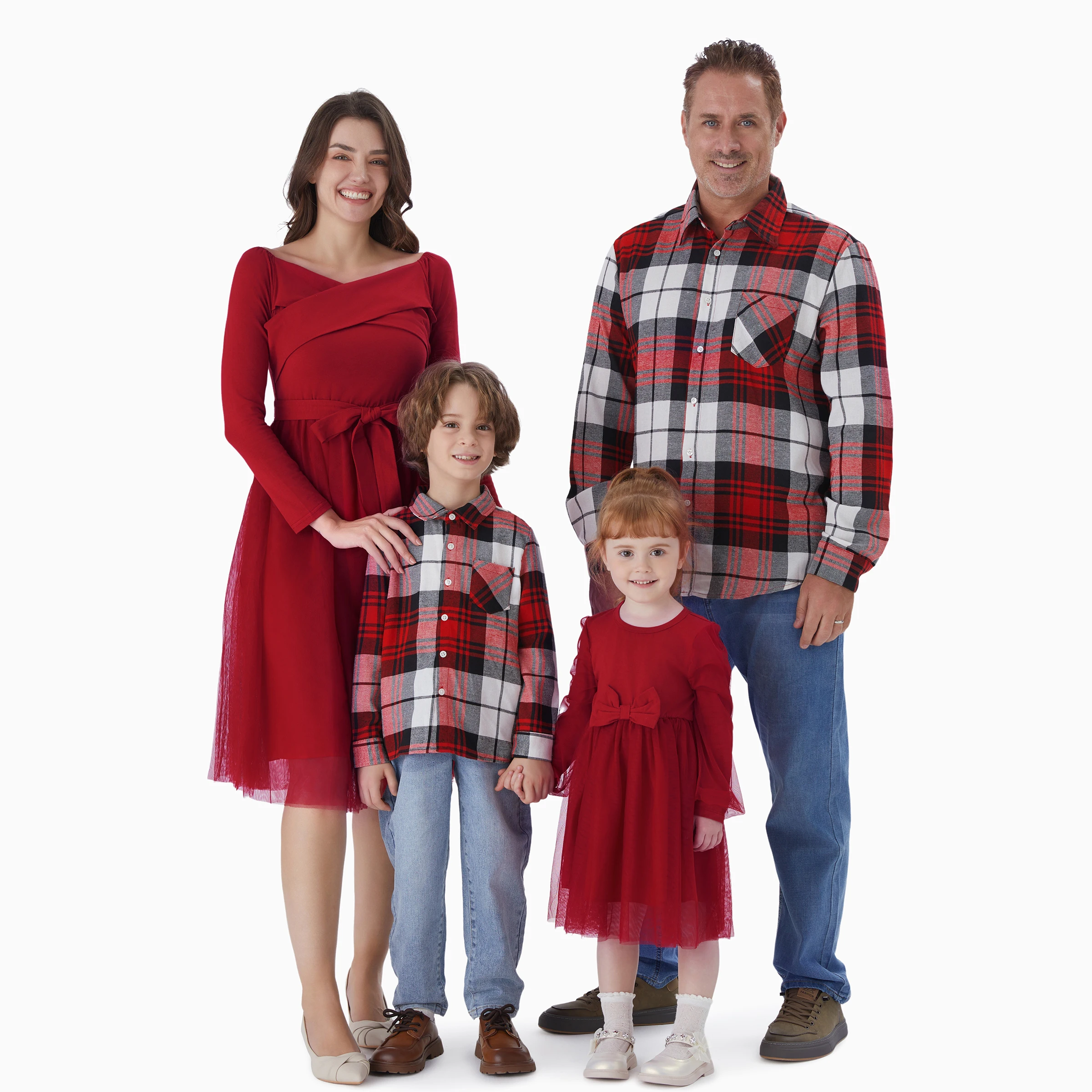 

PatPat Family Matching Plaid Shirt Tops and Red Mesh Splice Belted Dresses